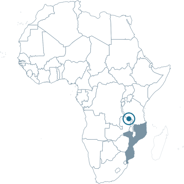 Africa outline with a marker on northern Mozambique